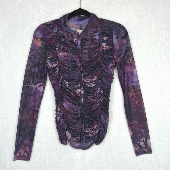 Pilcro Collared Mesh Buttondown Shirt‎ Purple Ruched - Picture 1 of 16